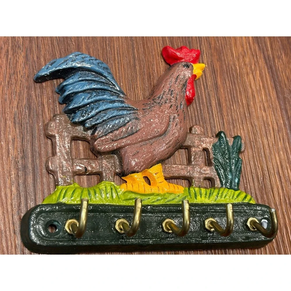 Rooster Chicken Cast Iron 5 Hook Wall Hanging Key Hanger Rack Farm Rustic Decor